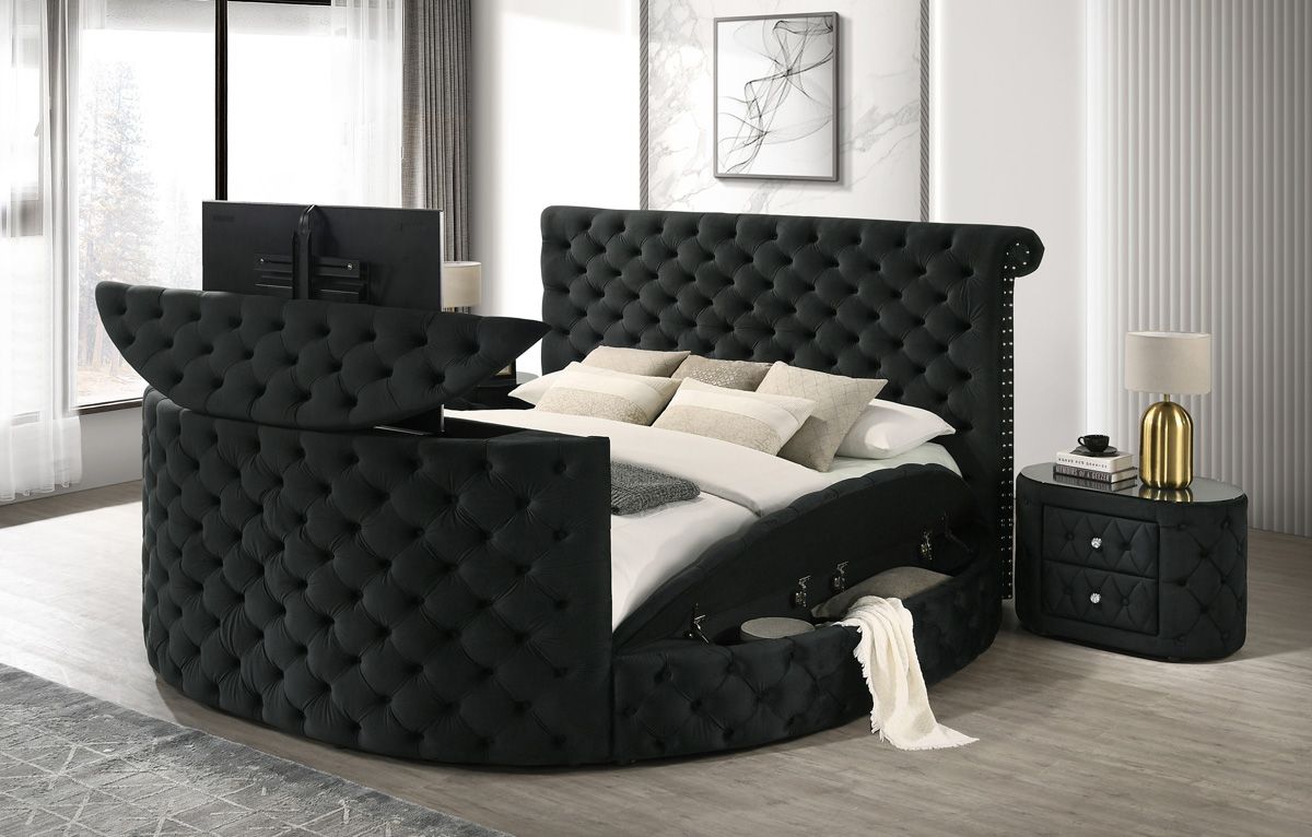 Panarea TV Bed With Fireplace Black Velvet