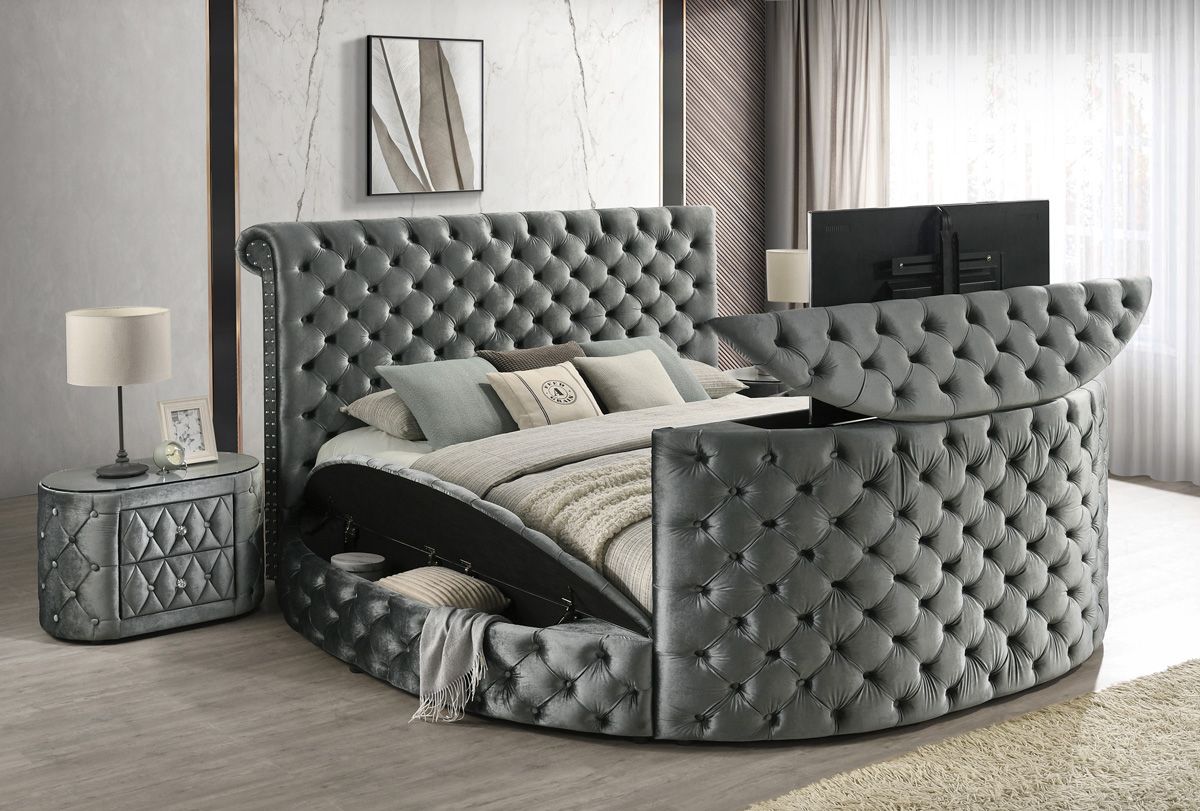 Panarea Grey Velvet TV Bed With Fireplace