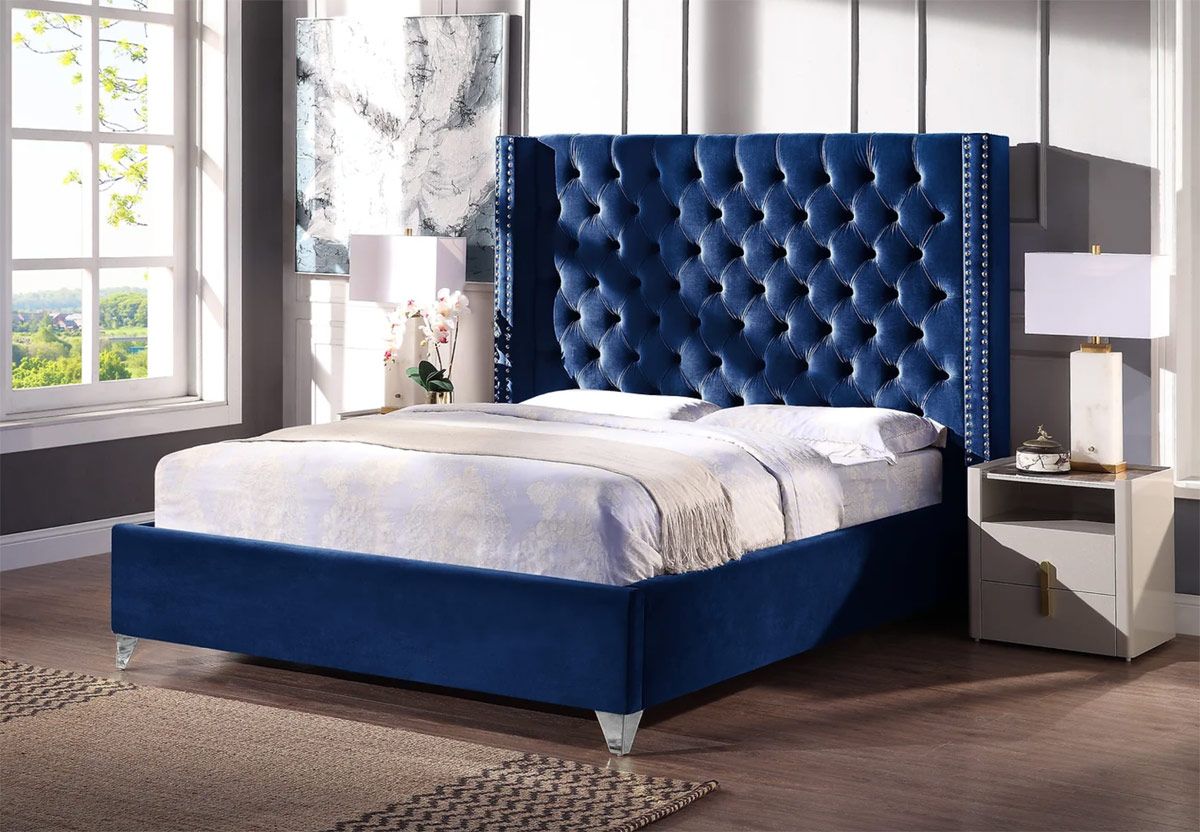 Panarea Navy Blue Velvet Winged Bed