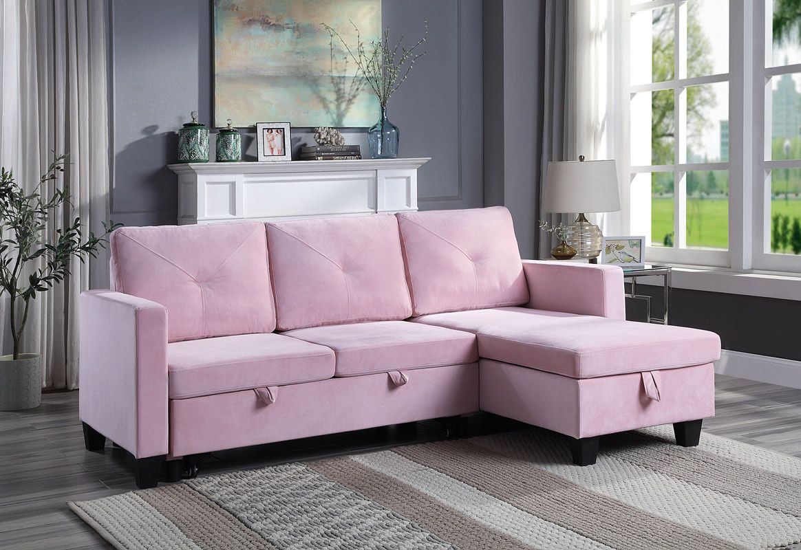 Polito Pink Velvet Sectional Sleeper With Storage