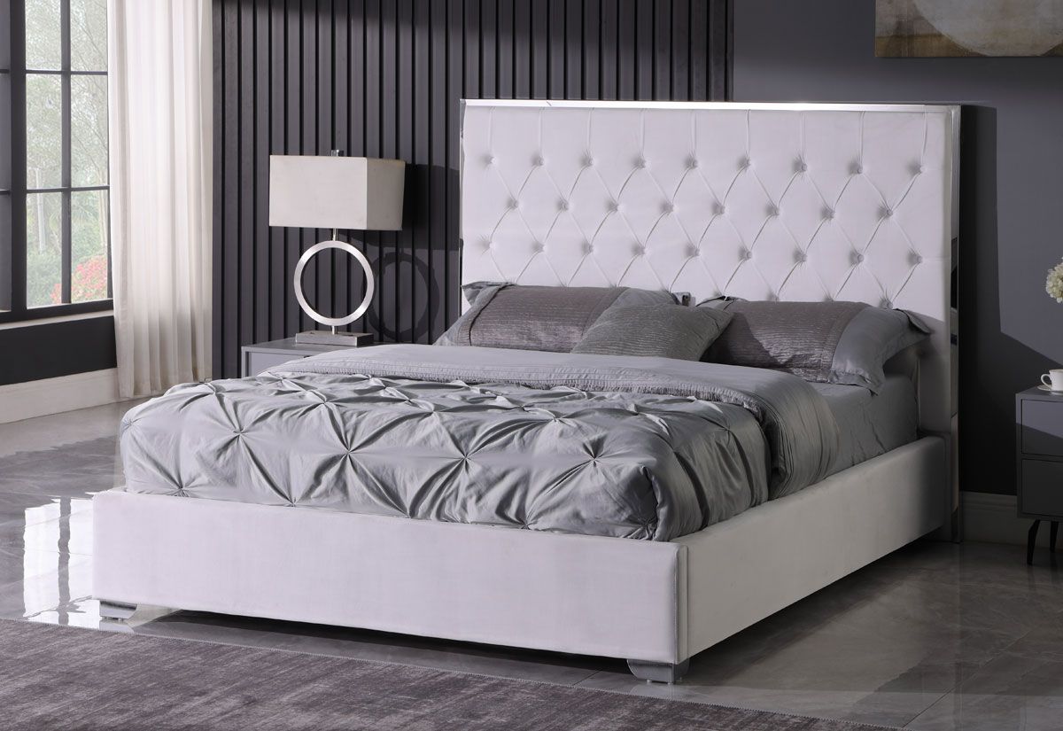 Prague White Velvet Fabric Bed With Chrome Frame