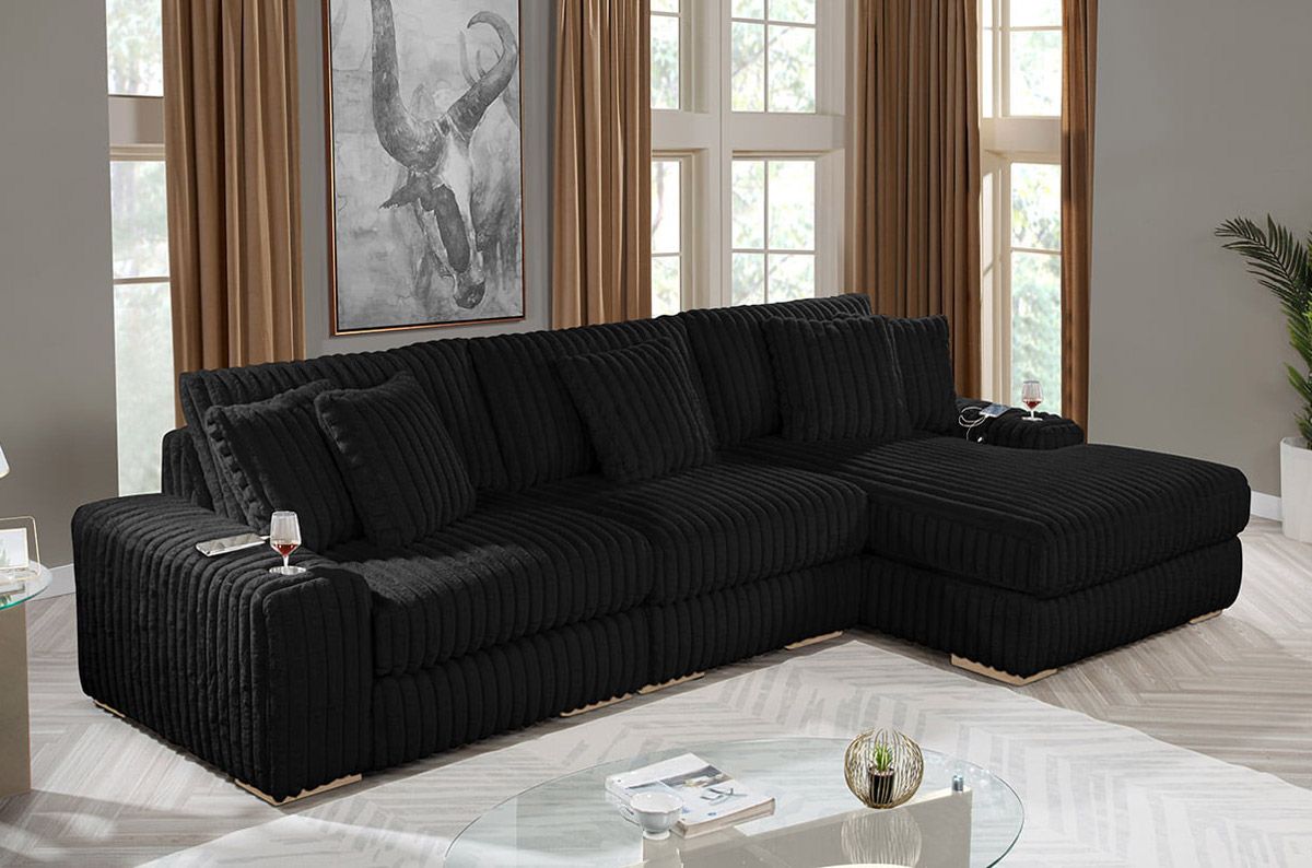 Prestige Black Fluffy Fabric Modern Sectional