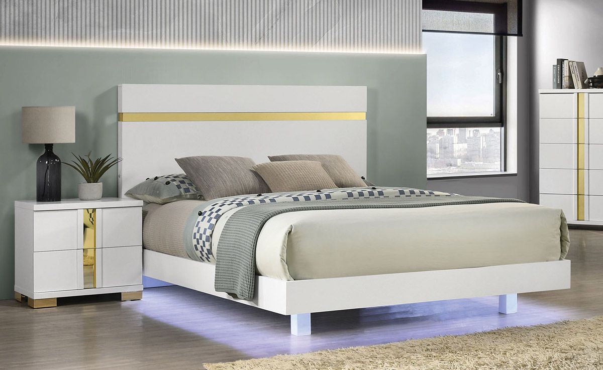 Raynold White Bed With Gold Accent