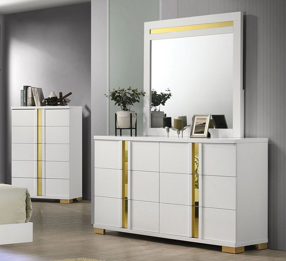 Raynold White Dresser With Gold Accent