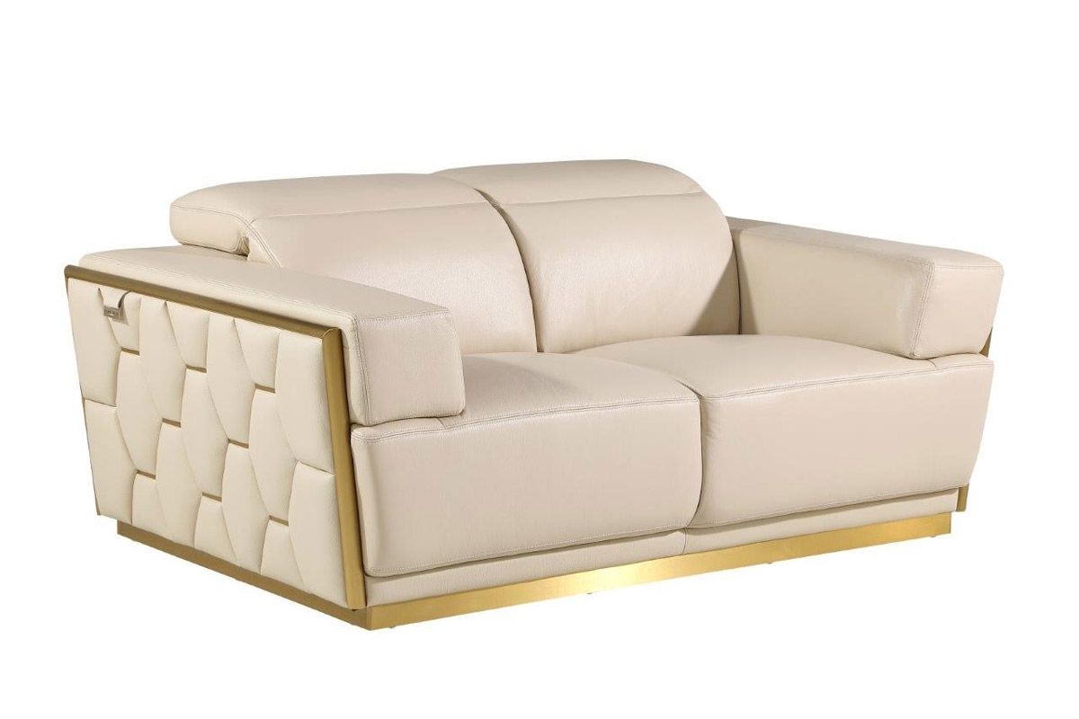 Rita Beige Italian Leather Loveseat Gold Trim