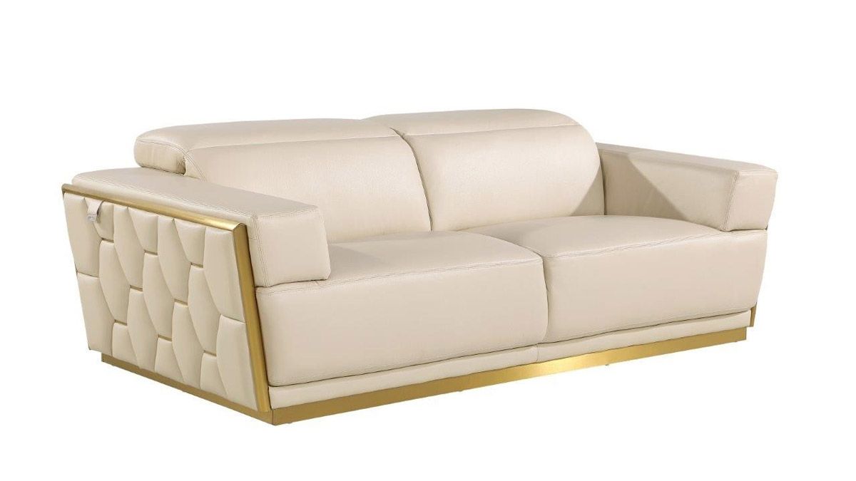 Rita Beige Italian Leather Sofa Gold Trim