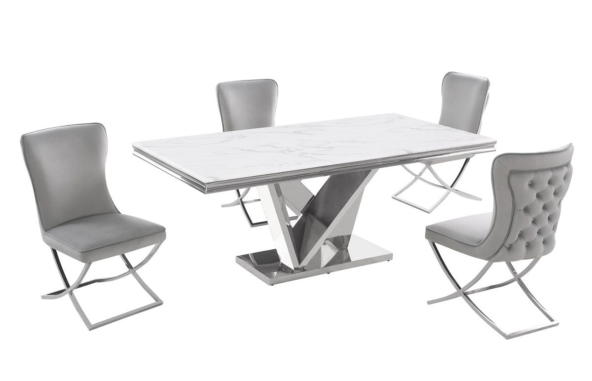 Savilla Marble Top Dining Table With Grey Chairs