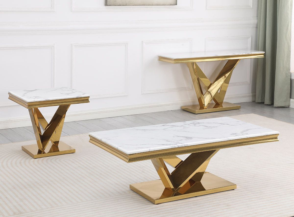 Savilla Marble Top Gold Coffee Table Set