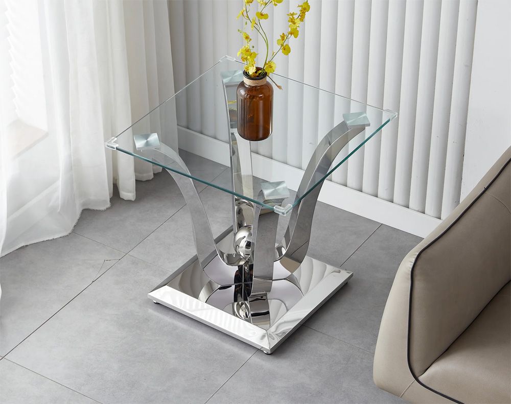 Shane Glass Top End Table Chrome Finish Base