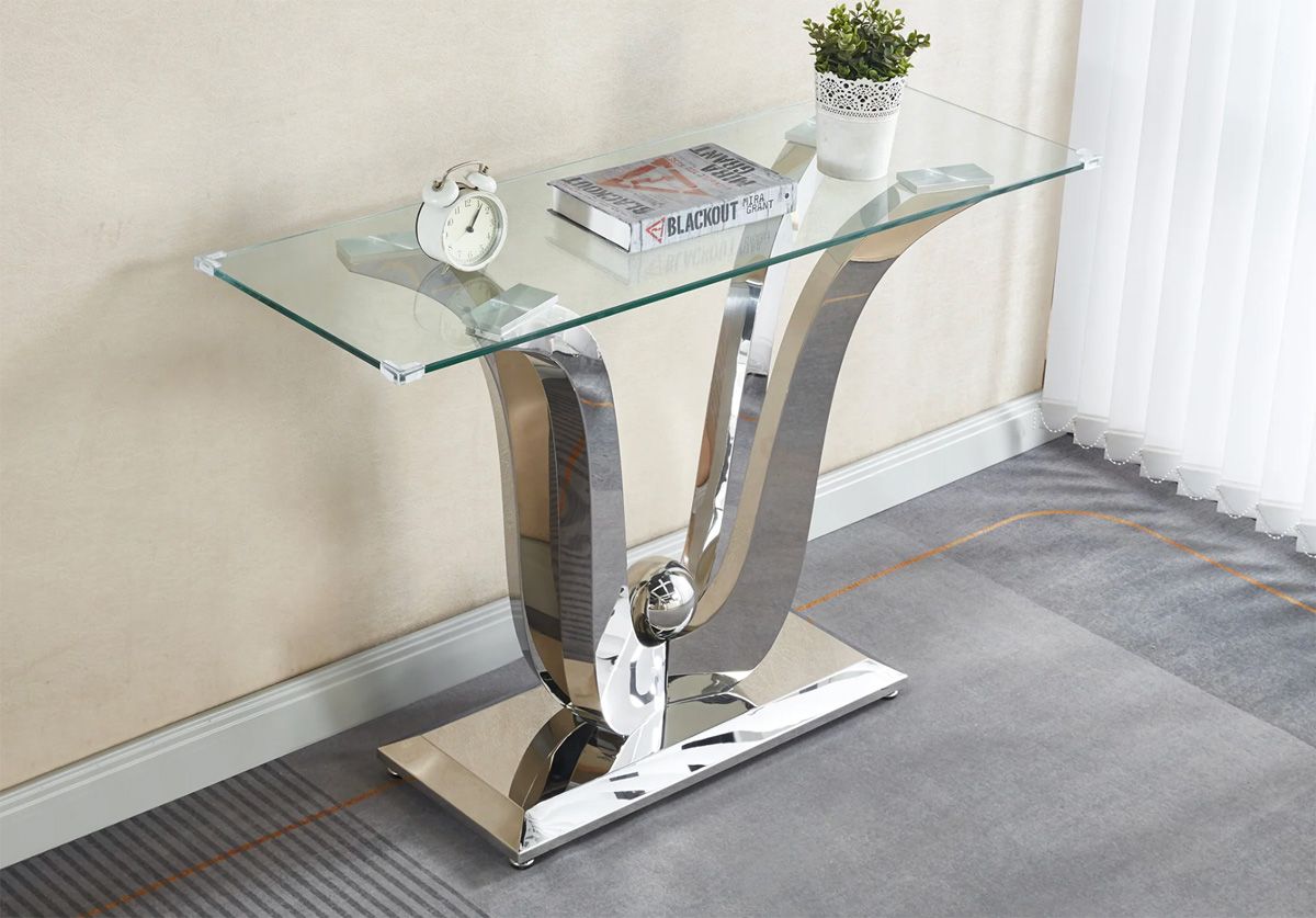 Shane Glass Top Sofa Table Chrome Finish Base