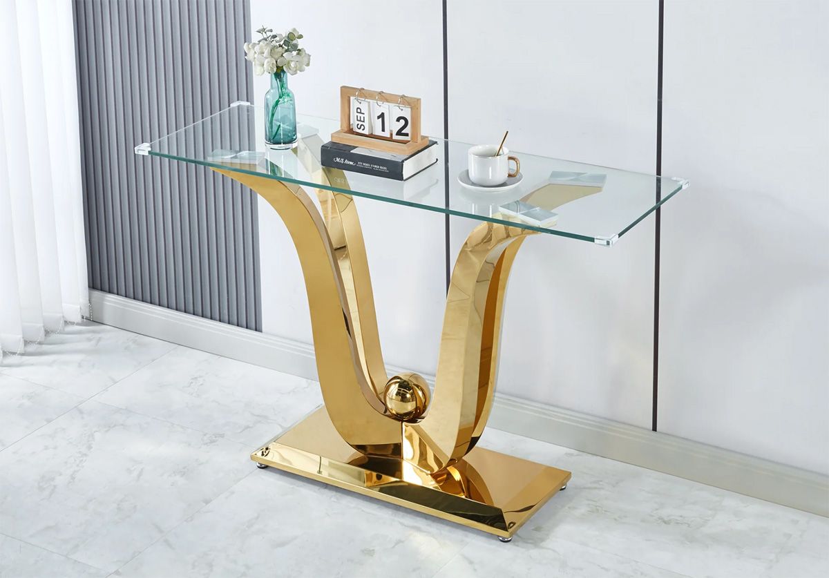 Shane Gold Finish Glass Top Sofa Table