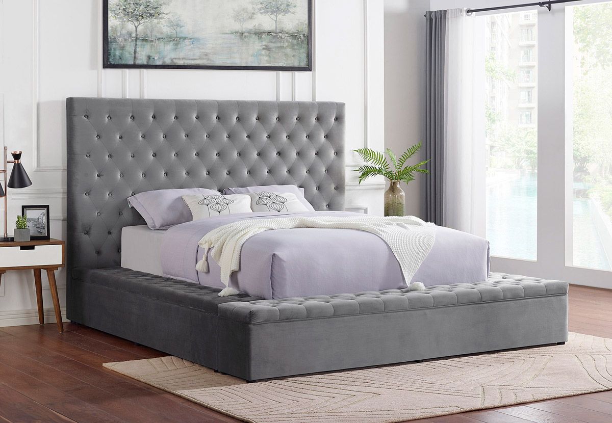 Tami Tufted Grey Velvet Bed With Storage