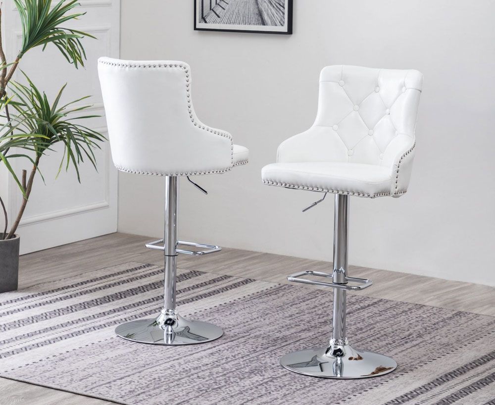 Tapoa White Leather Button Tufted Barstools