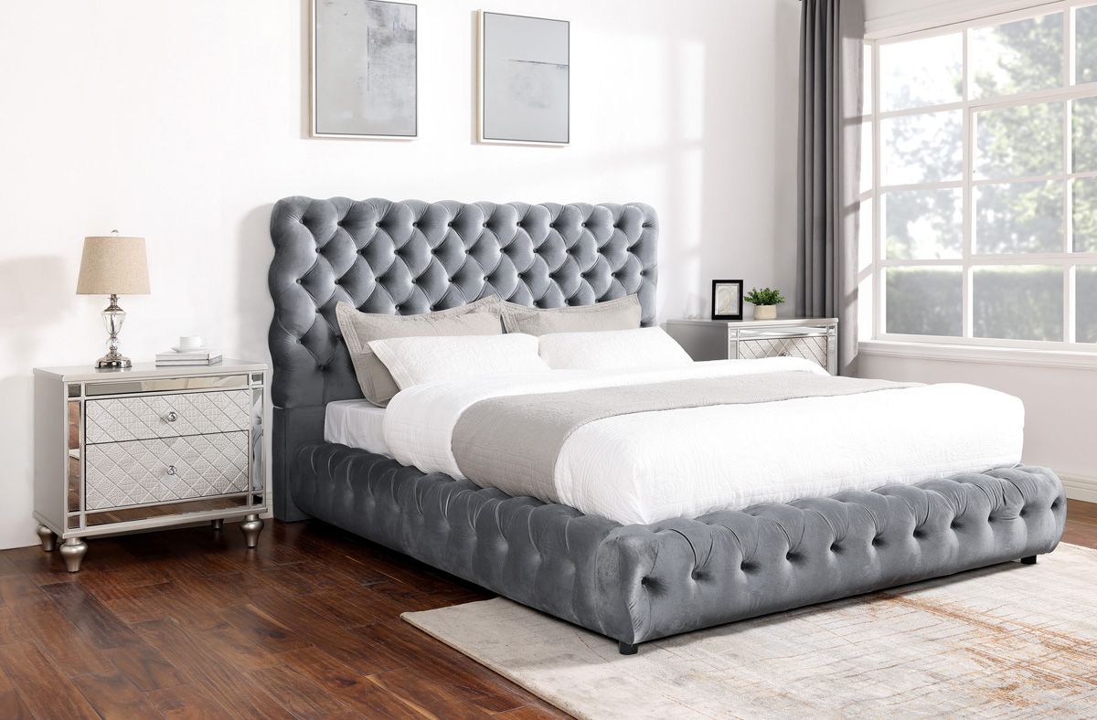 Tasha Platform Bed Tufted Grey Velvet 