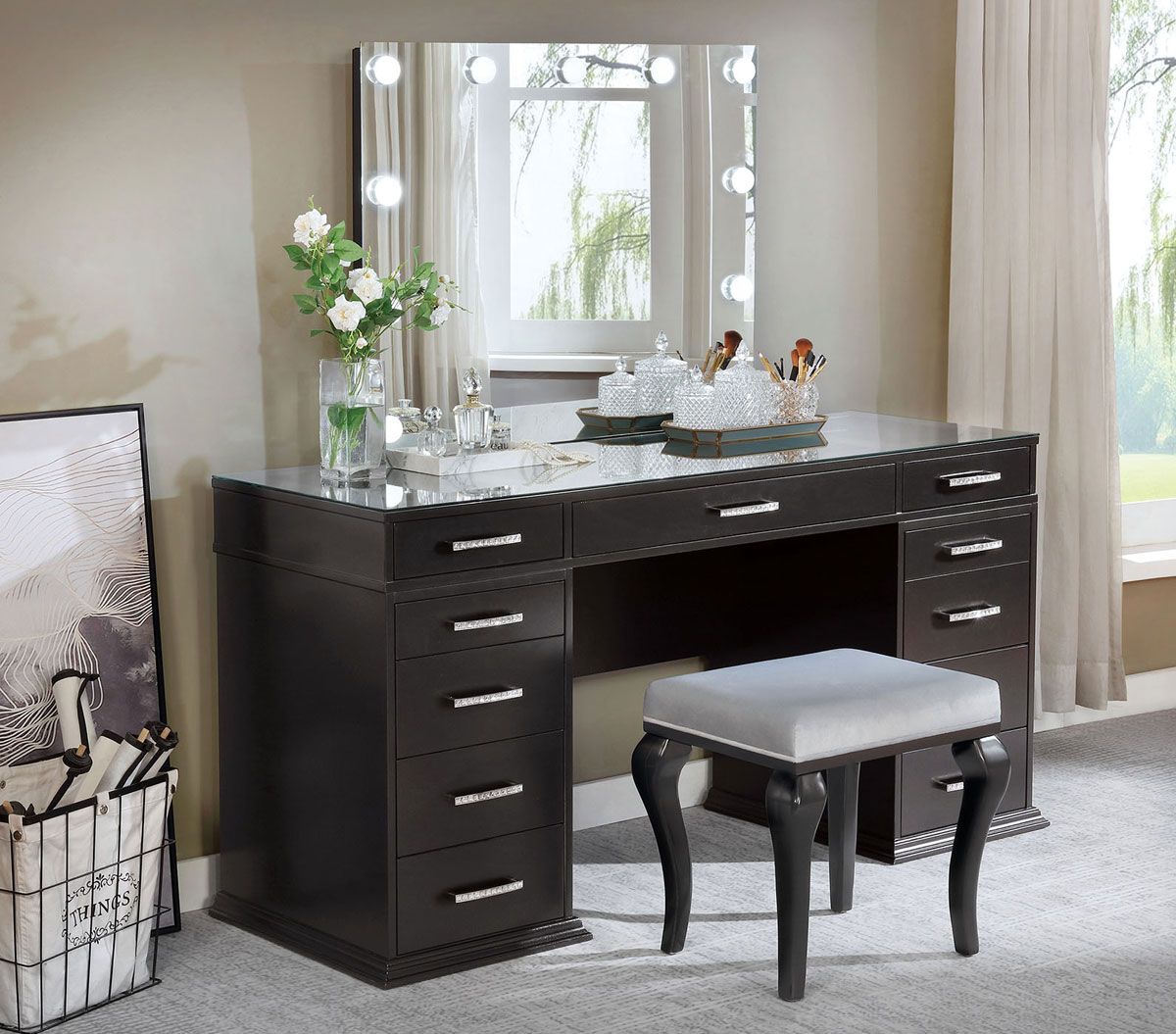 Tasmin Obsidian Gray Vanity Set With Stool