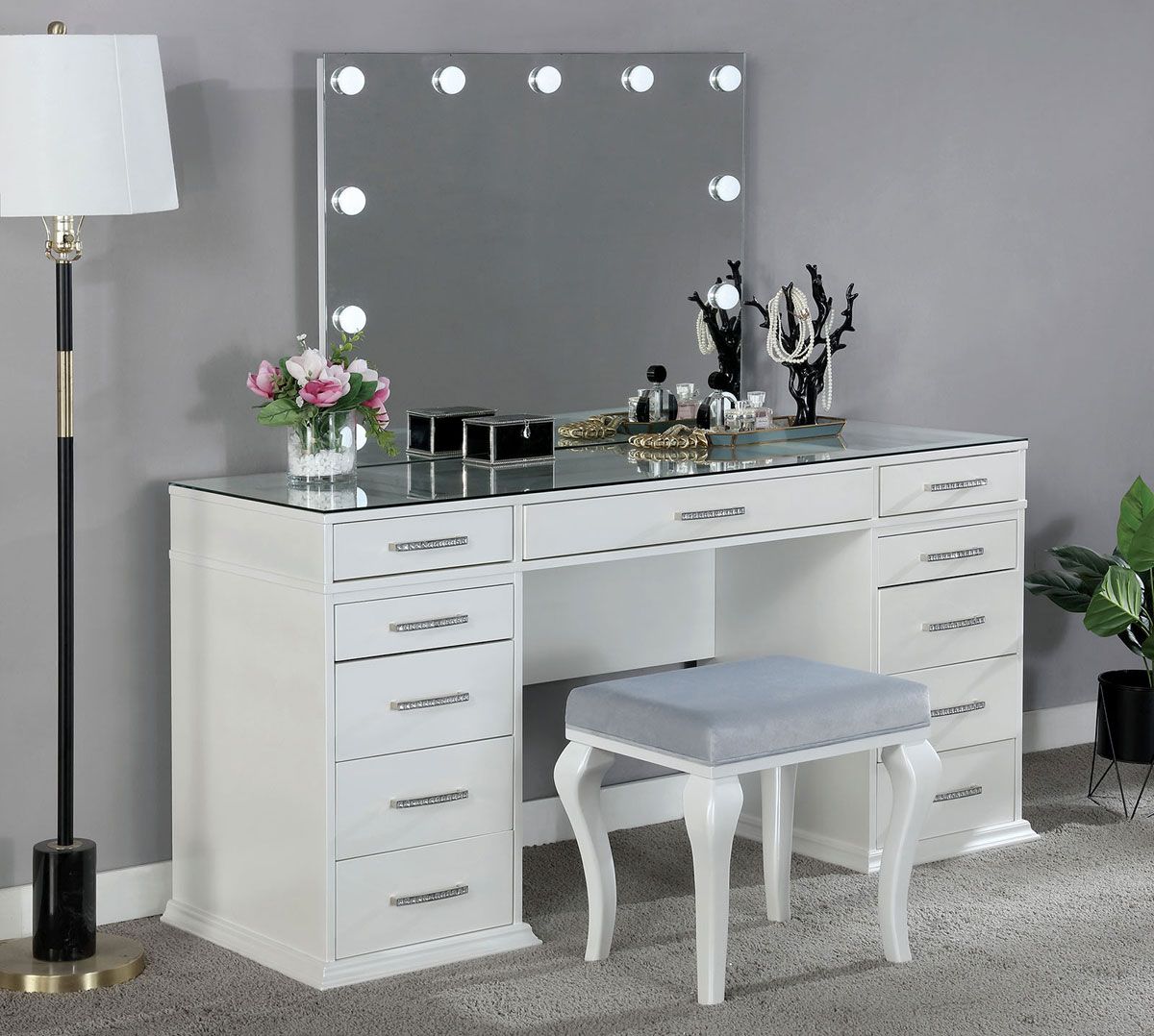 Tasmin White Vanity Set With Stool