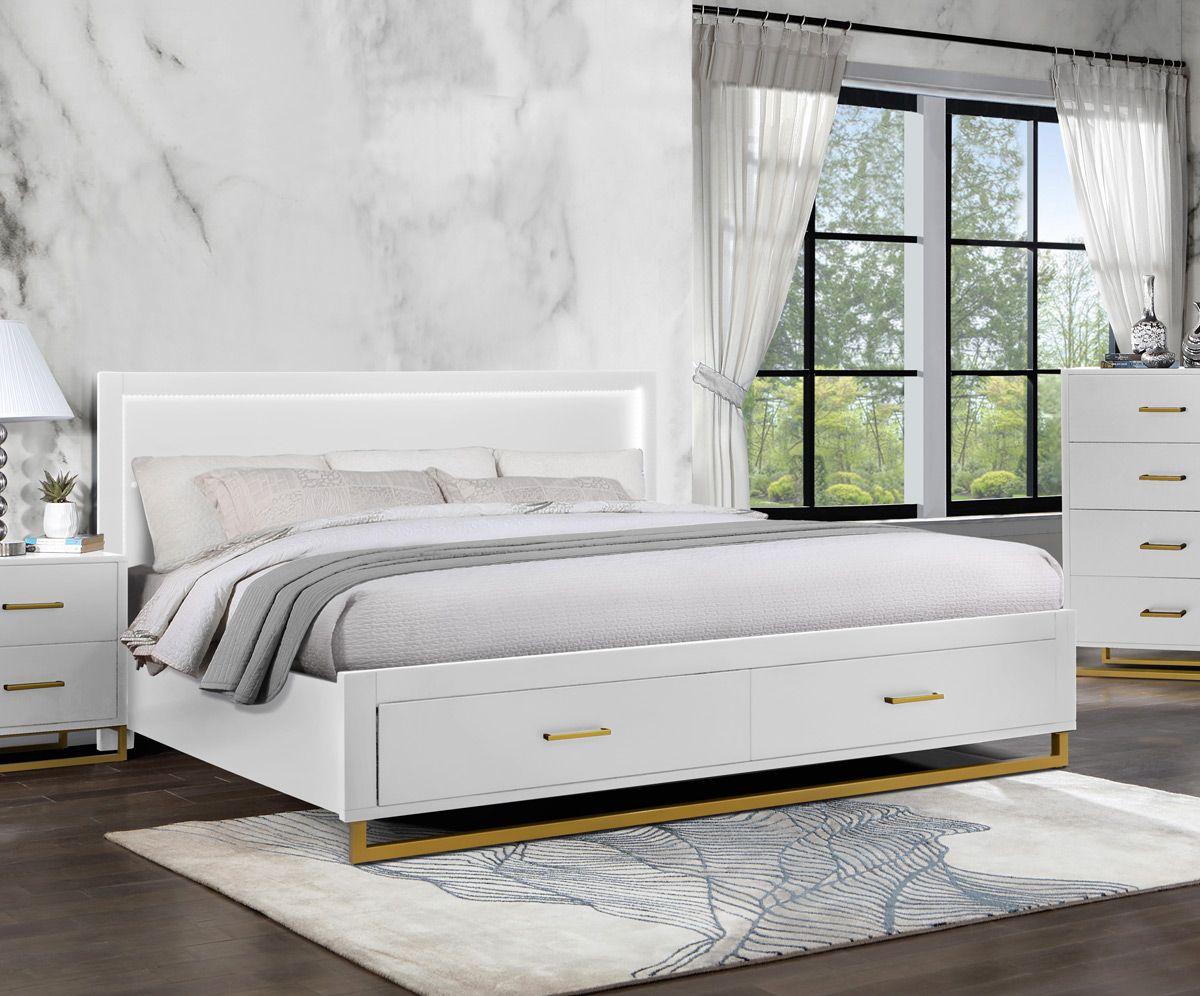 Taxido White Gold Storage Bed With LED Lights