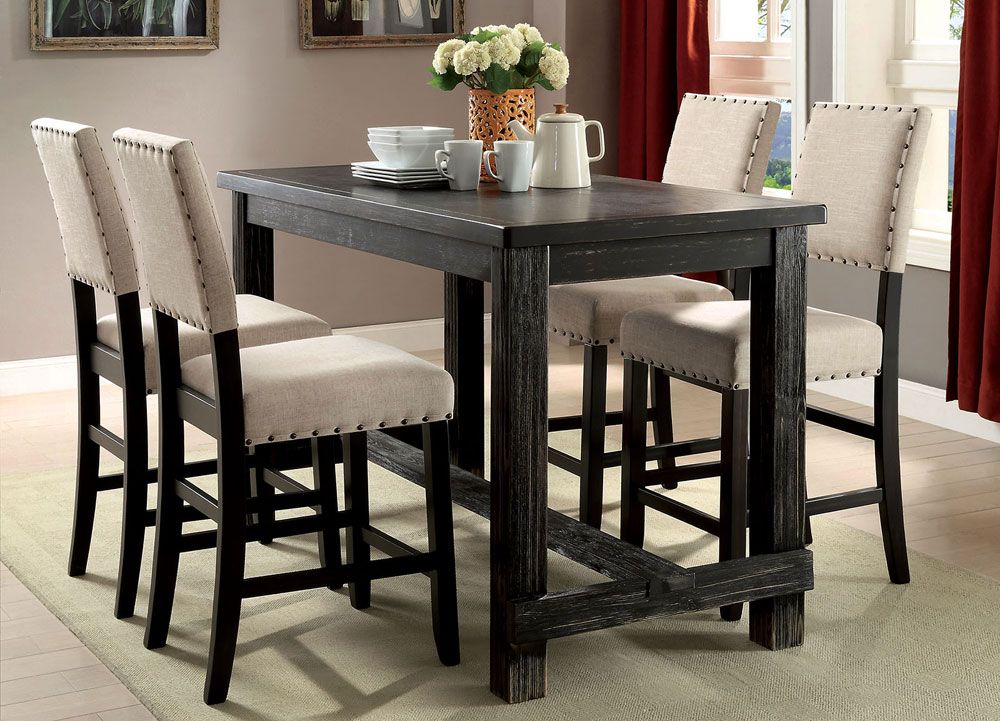 Telara Counter Height Table With Four Chairs,Telara Antique Black Finish,Telara Antique Black Counter Height Table Set