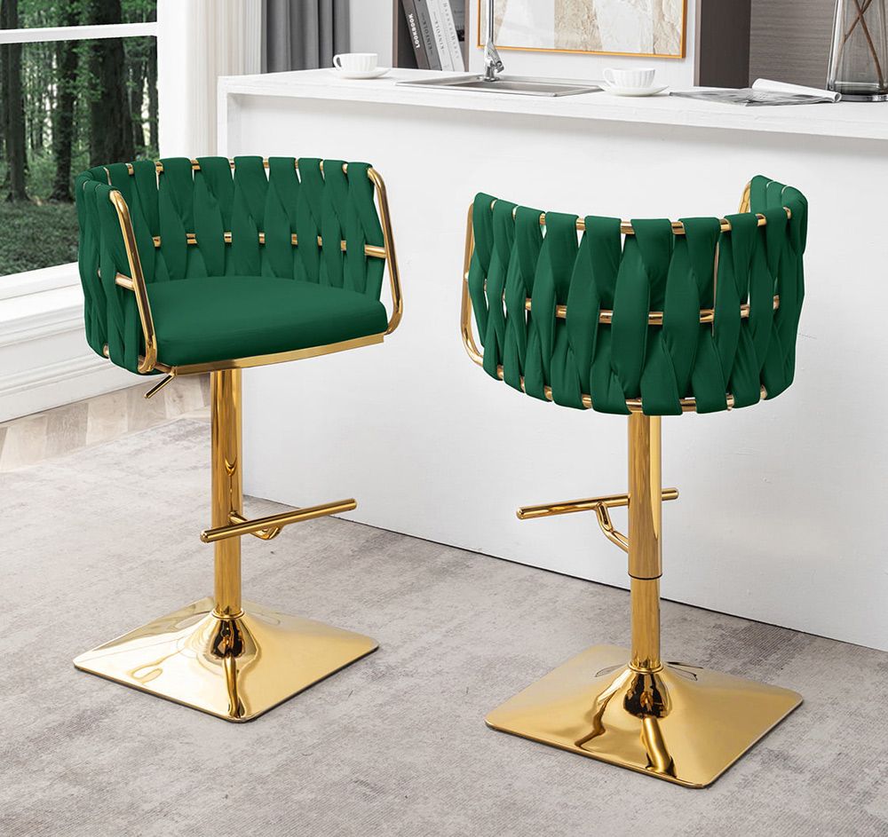 Tigard Green Leather Barstools With Gold Frame