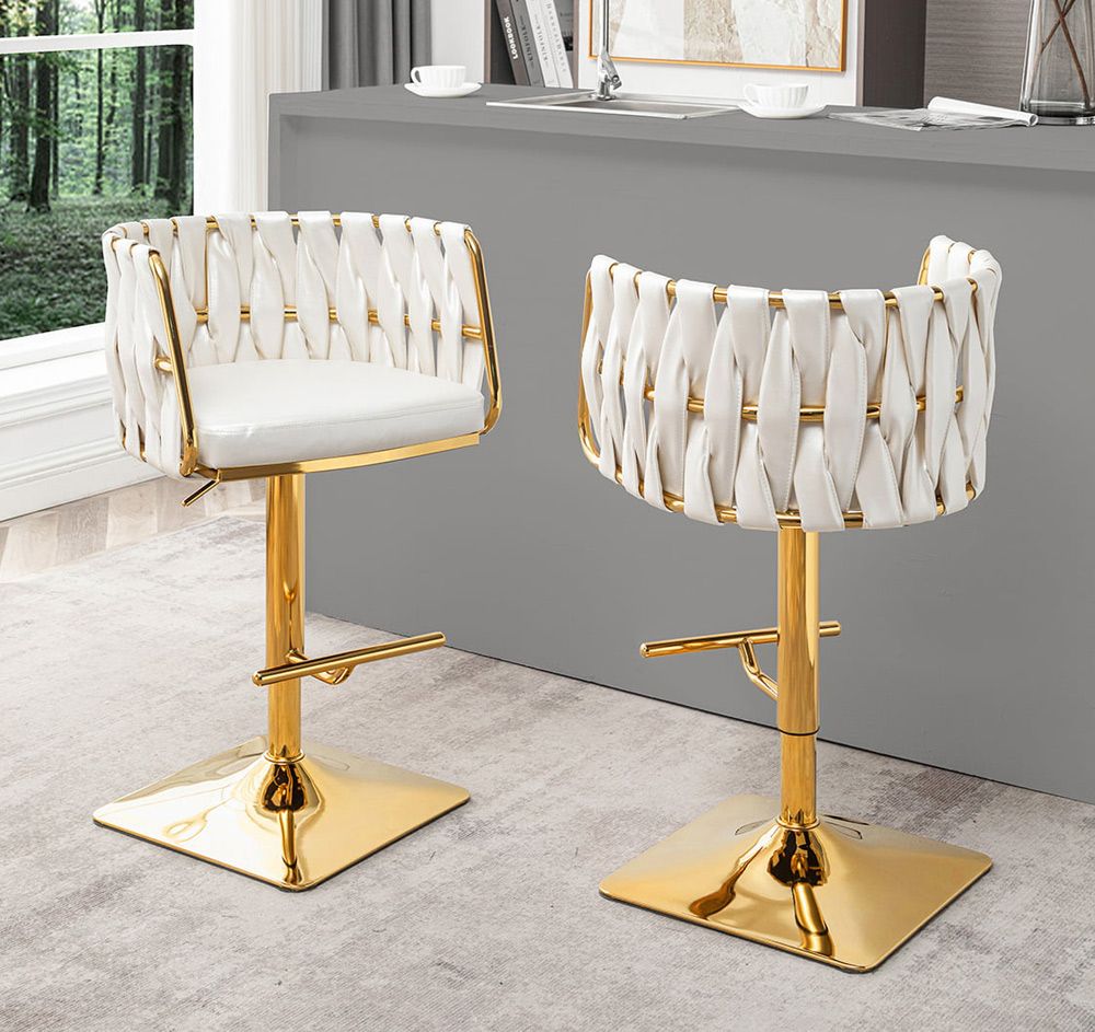 Tigard White Leather Barstools With Gold Frame