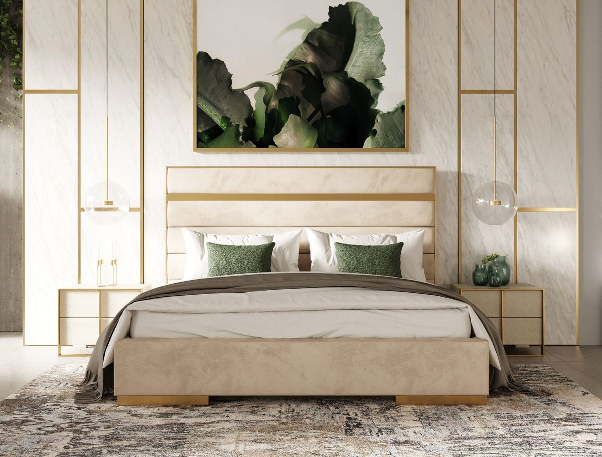 Toledo Beige Velvet Bed Brushed Brass