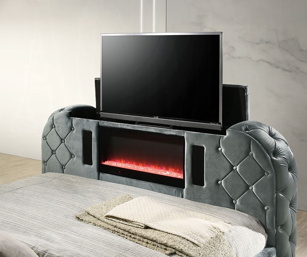 Tosh Grey Velvet TVBed With Fireplace