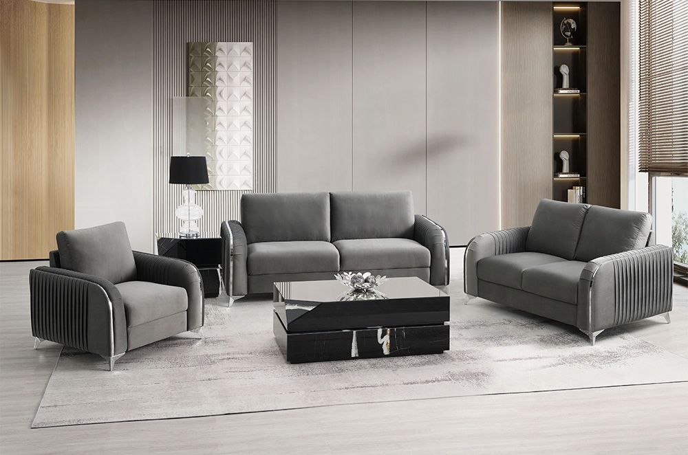 Trevino Modern Sofa Set in Grey Velvet