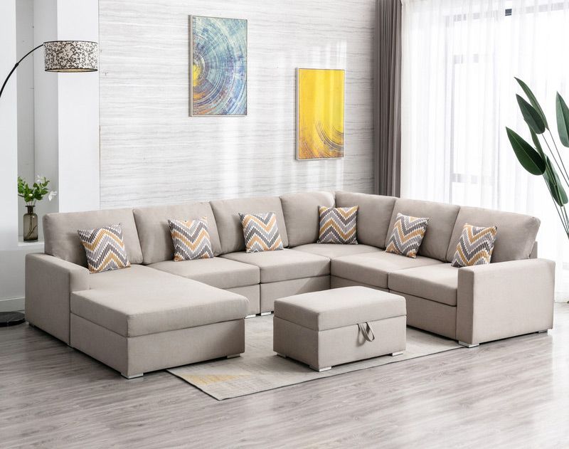 Tryna Beige Linen U-Shape Sectional Set