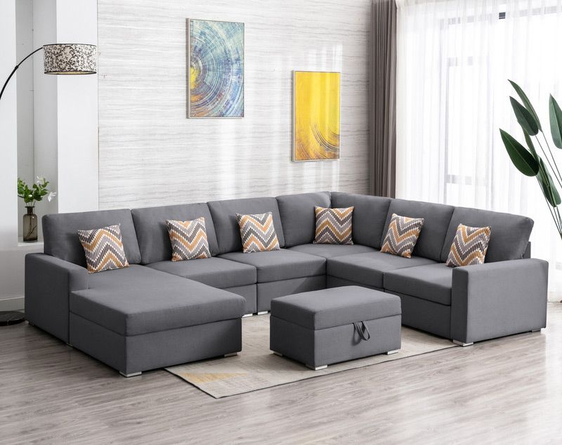 Tryna Grey Linen U-Shape Sectional With Ottoman