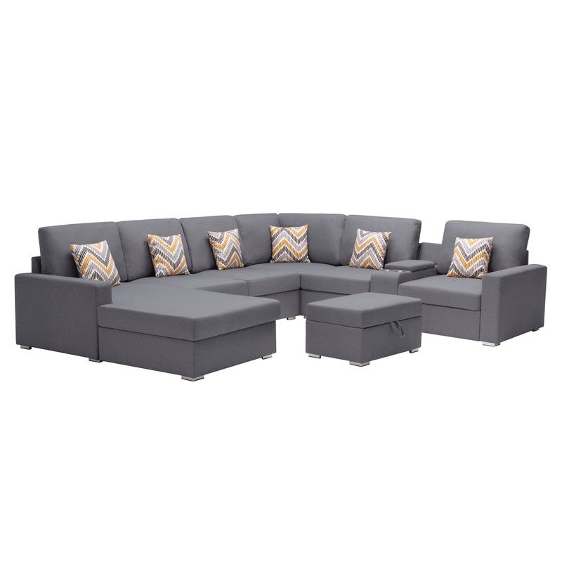 Tryna Grey Linen U-Shape Sectional With Console