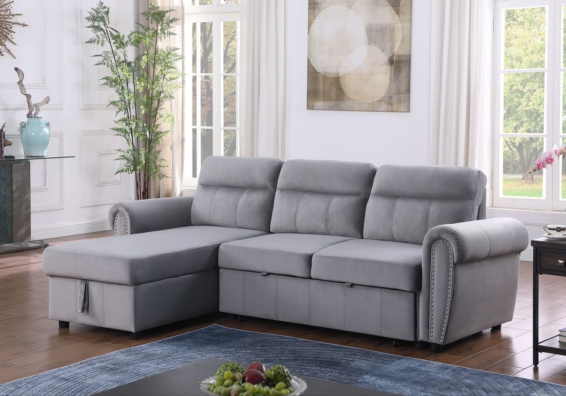 Turner Grey Sectional Sleeper With Storage   Turner Grey Velvet Sectional Sleeper 