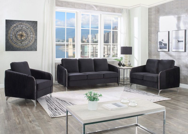 Variel Black Velvet Sofa Set