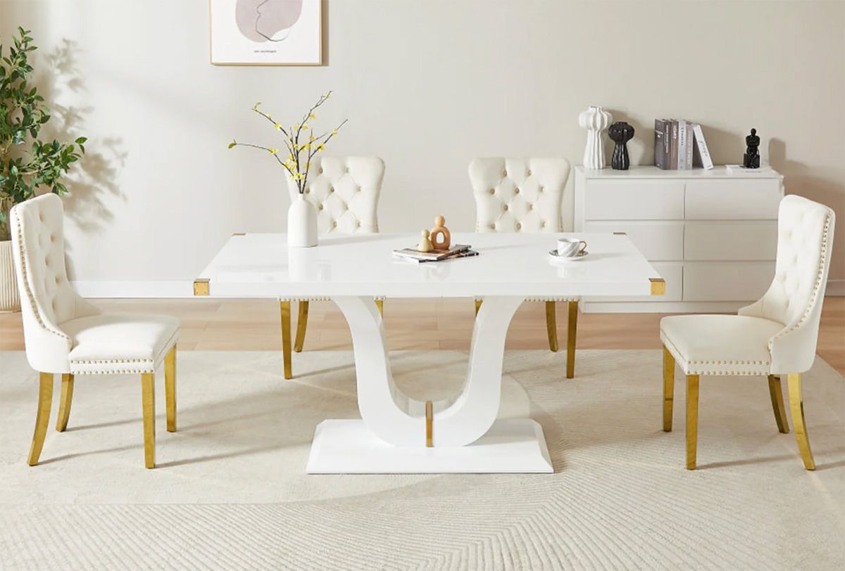 Waller White Lacquer Dining Table With Gold Accents