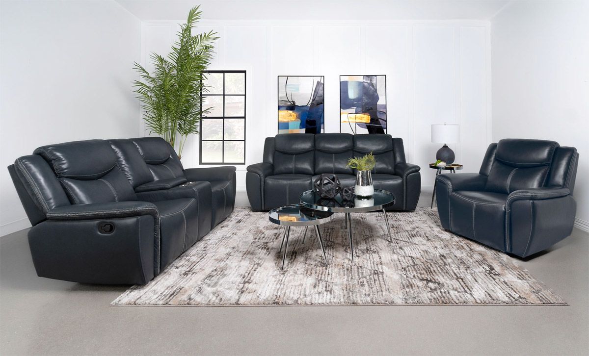 Walter Dark Blue Leather Recliner Sofa Set