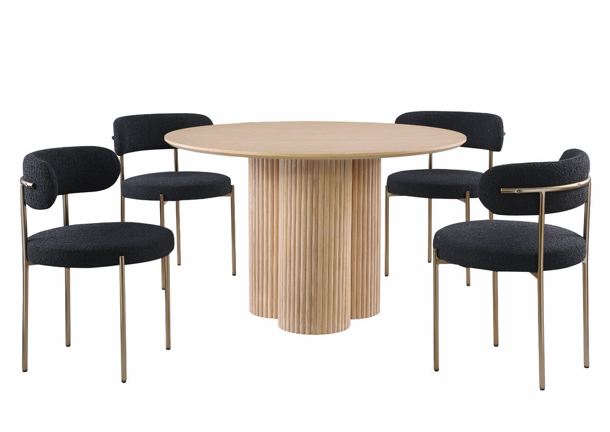 Wenona Oak Wood Round Dining Table with Black Chairs