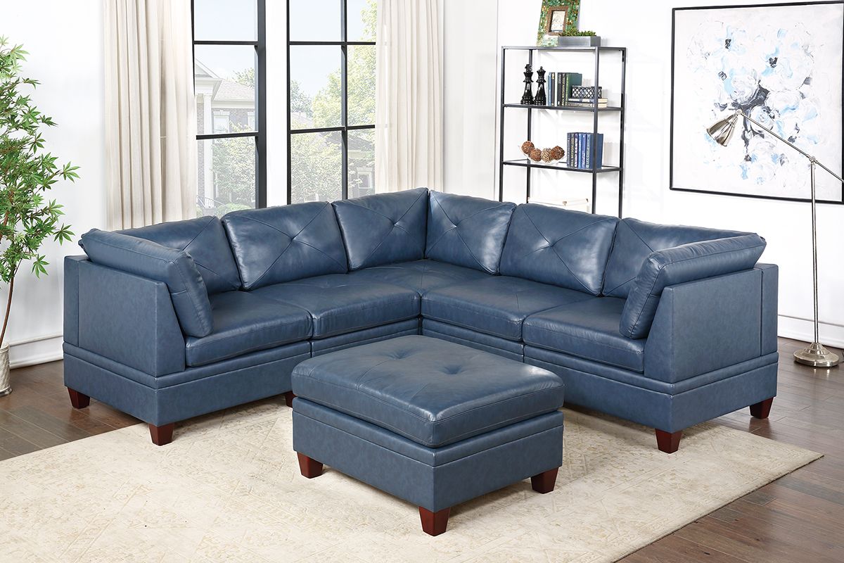 Weston Navy Leather 5-Piece Sectional Set