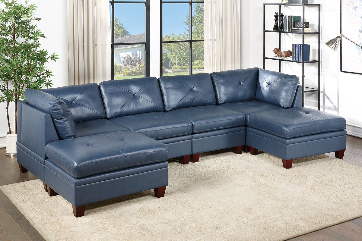 Weston Navy Leather Sectional Setup 2