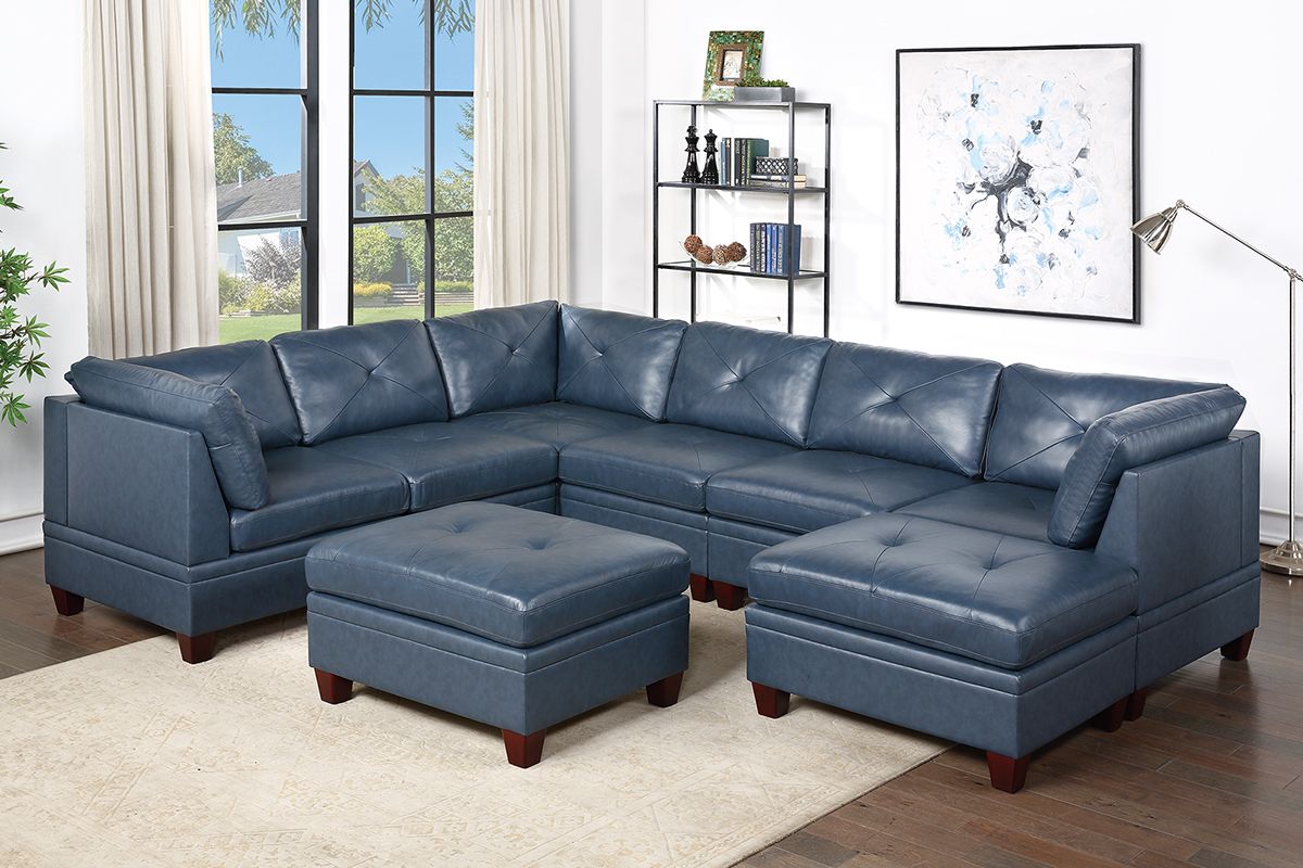 Weston Navy Leather Sectional U-Shape Setup