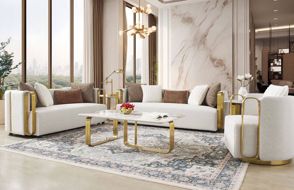 Faris White Sofa With Gold Accents