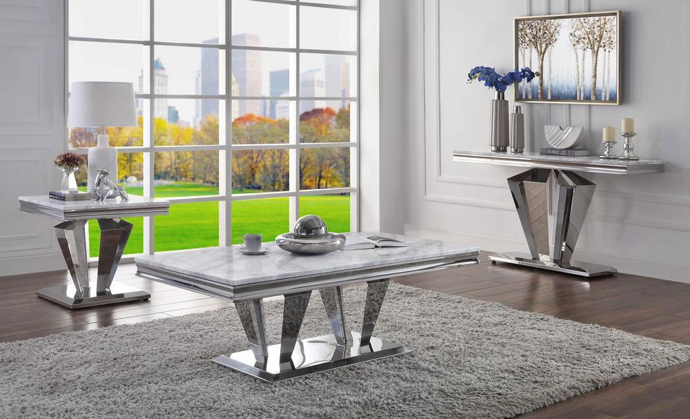 Yotam Light Grey Marble Top Coffee Table Set