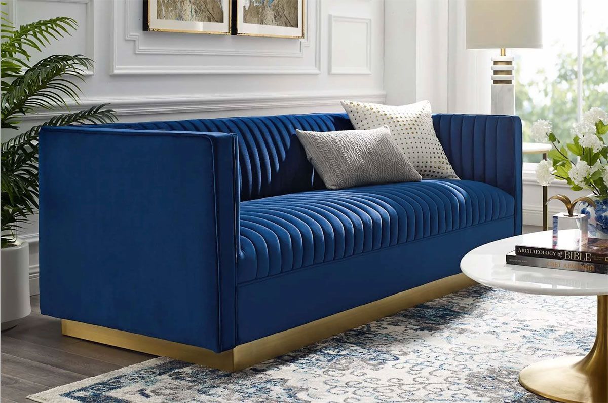 Zenfira Navy Velvet Sofa Gold Base